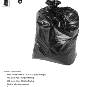 Compactor Sacks (20Kg) 20" x 32" x 45" Black - Box of 200 - CM311
