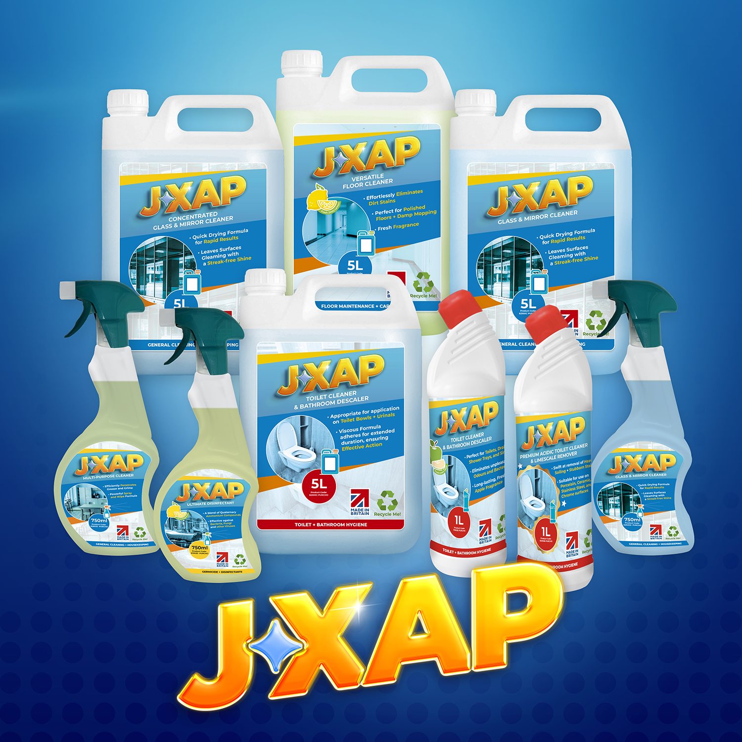 JXAP professional cleaning products range including floor cleaner, glass cleaner, toilet cleaner and disinfectant for commercial use in the UK – Purcho