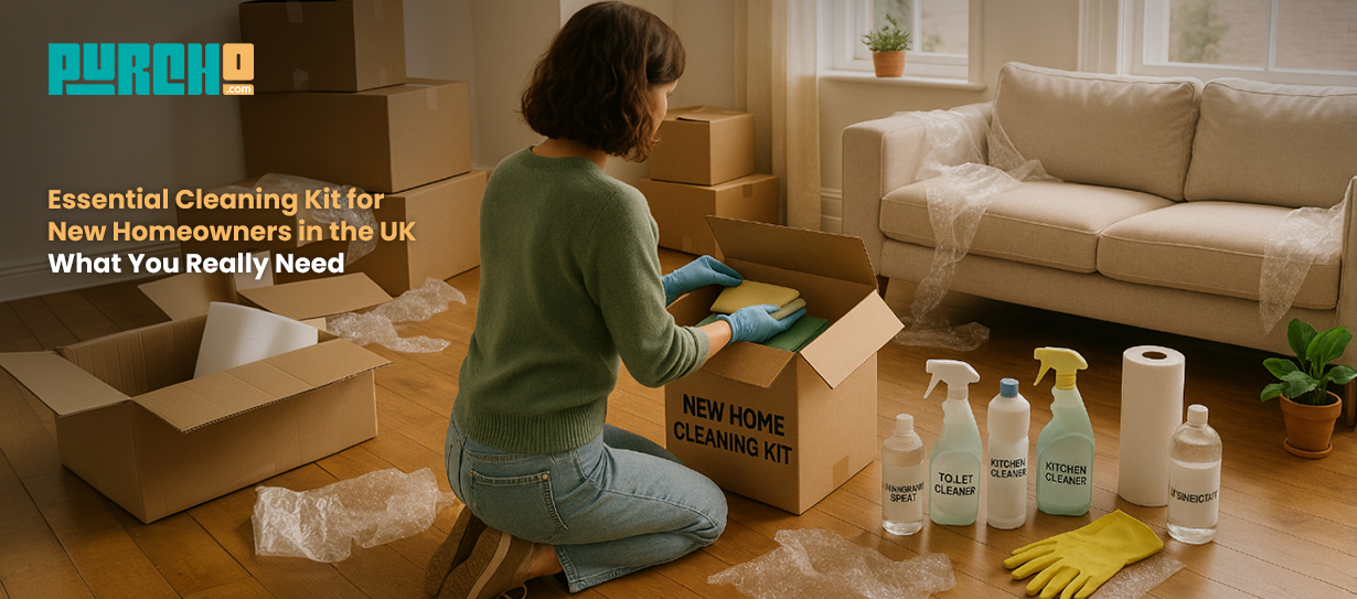 essential new home cleaning kit with gloves, sprays, and cleaning supplies from Purcho